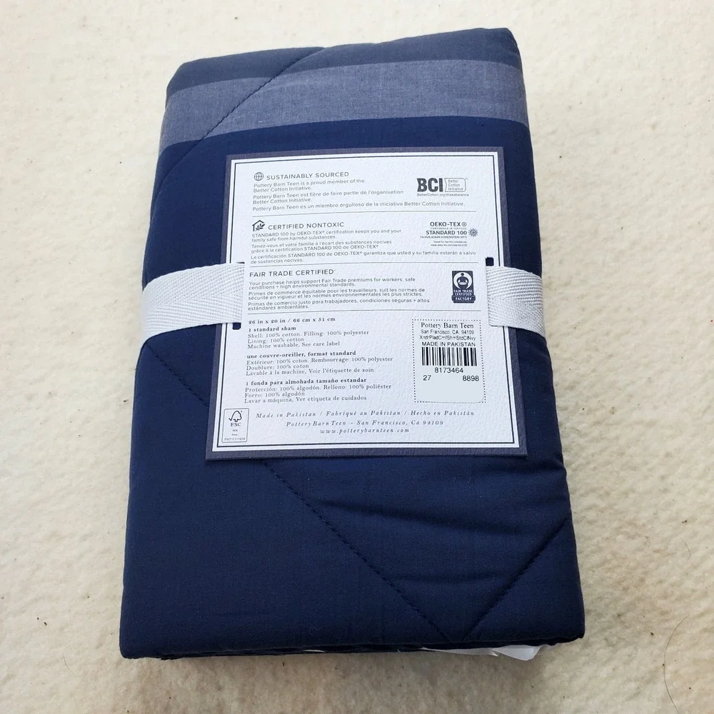 Pottery Barn Dorm Xander Blue Plaid Standard Sham 100% Cotton